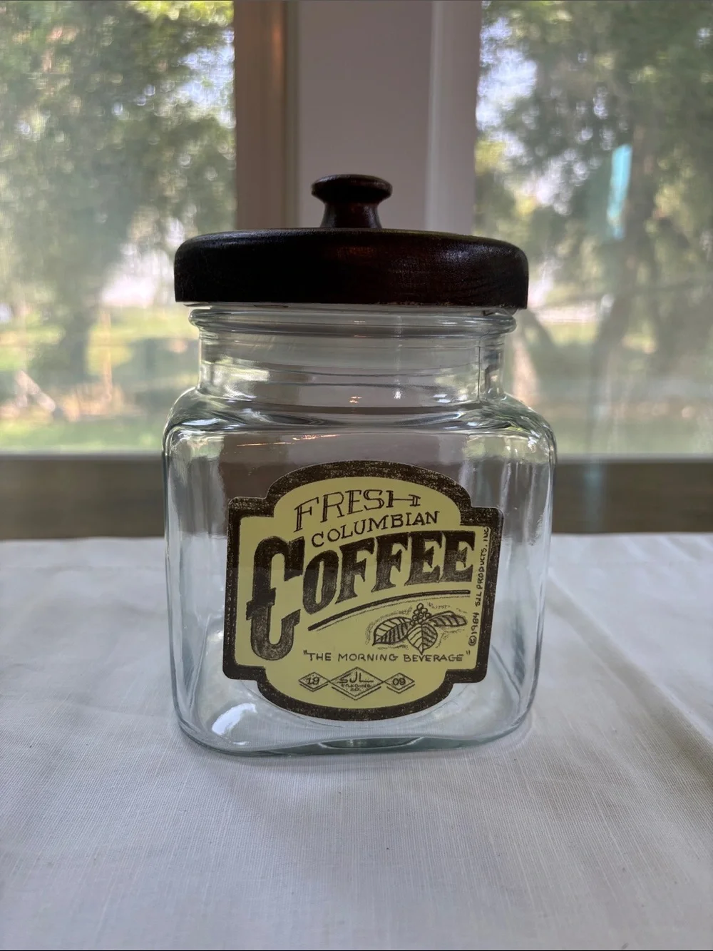 Vintage 1984 Anchor Hocking Coffee Glass Jar w/ Wooden Lid USA SJL Products